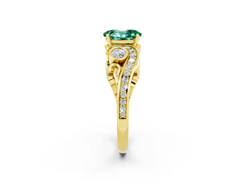 Yellow gold Oval Cut Green Sapphire Solitaire Ring with Milgrain Pavé Band and Four-Prong Setting_26
