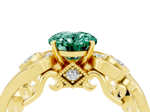 Yellow gold Oval Cut Green Sapphire Solitaire Ring with Milgrain Pavé Band and Four-Prong Setting_28
