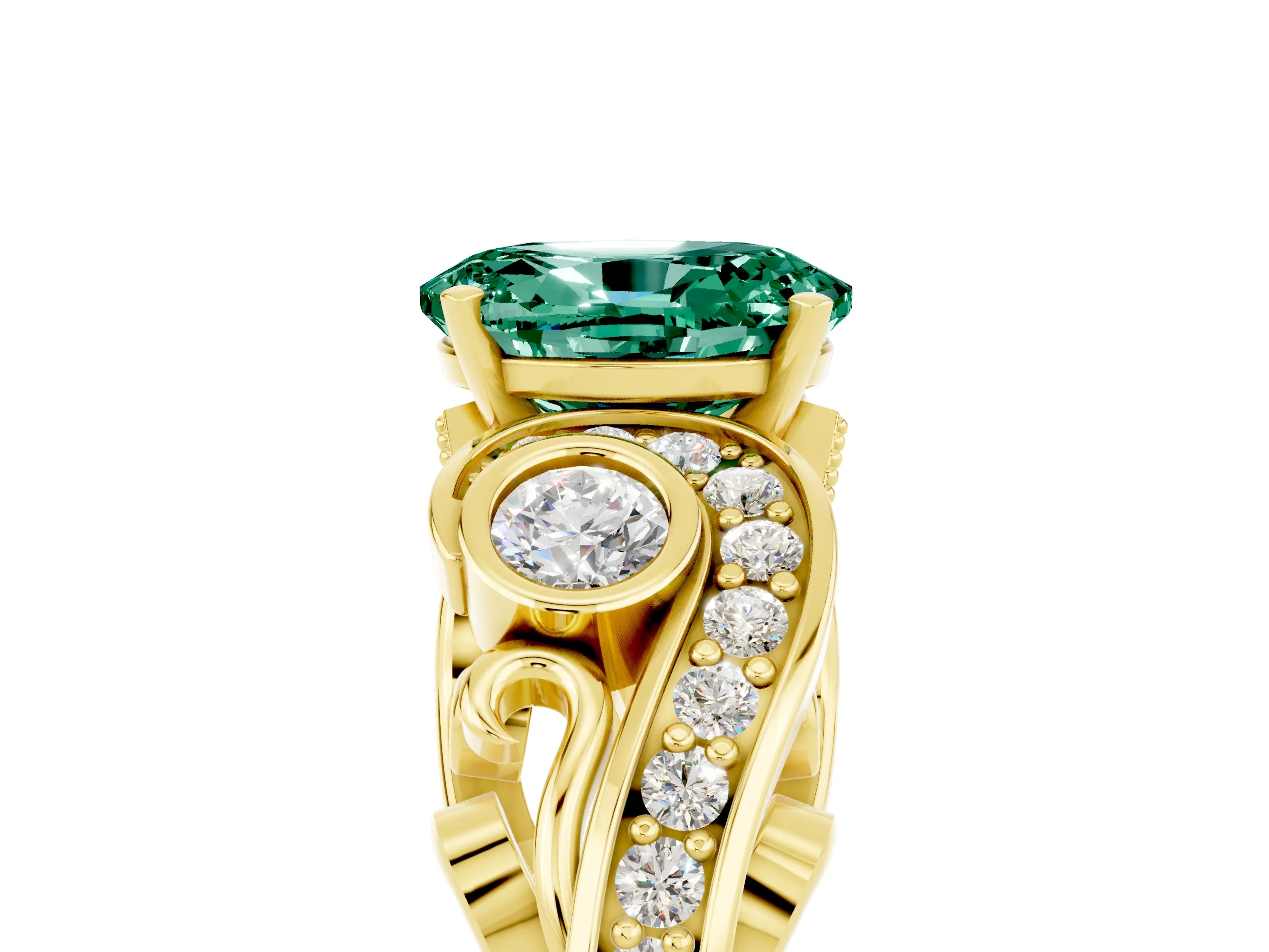 Yellow gold Oval Cut Green Sapphire Solitaire Ring with Milgrain Pavé Band and Four-Prong Setting_29