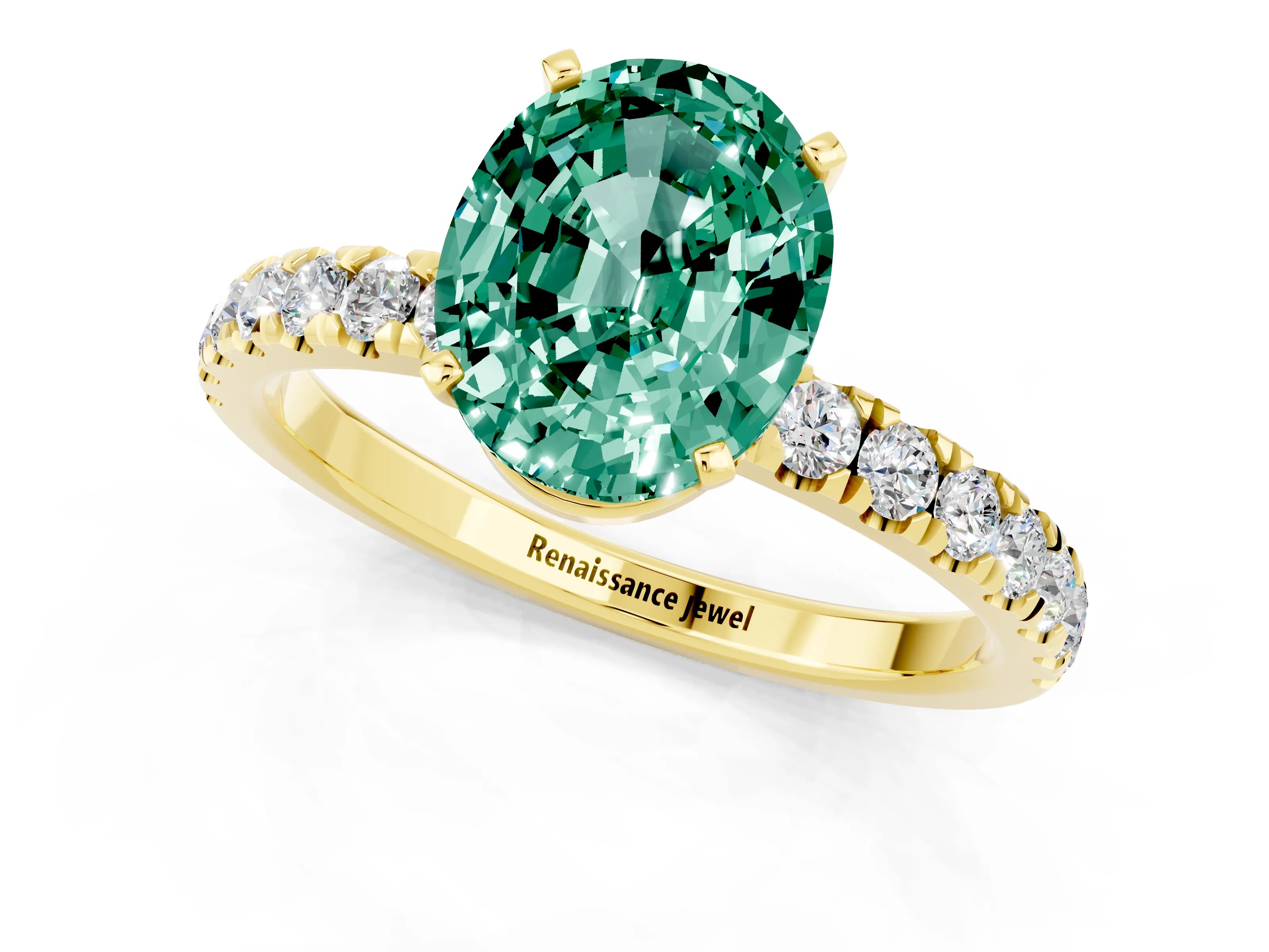 Yellow gold Oval Cut Green Sapphire Solitaire Ring with Pavé Accents and Four-Prong Setting_1