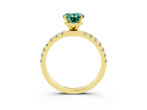 Yellow gold Oval Cut Green Sapphire Solitaire Ring with Pavé Accents and Four-Prong Setting