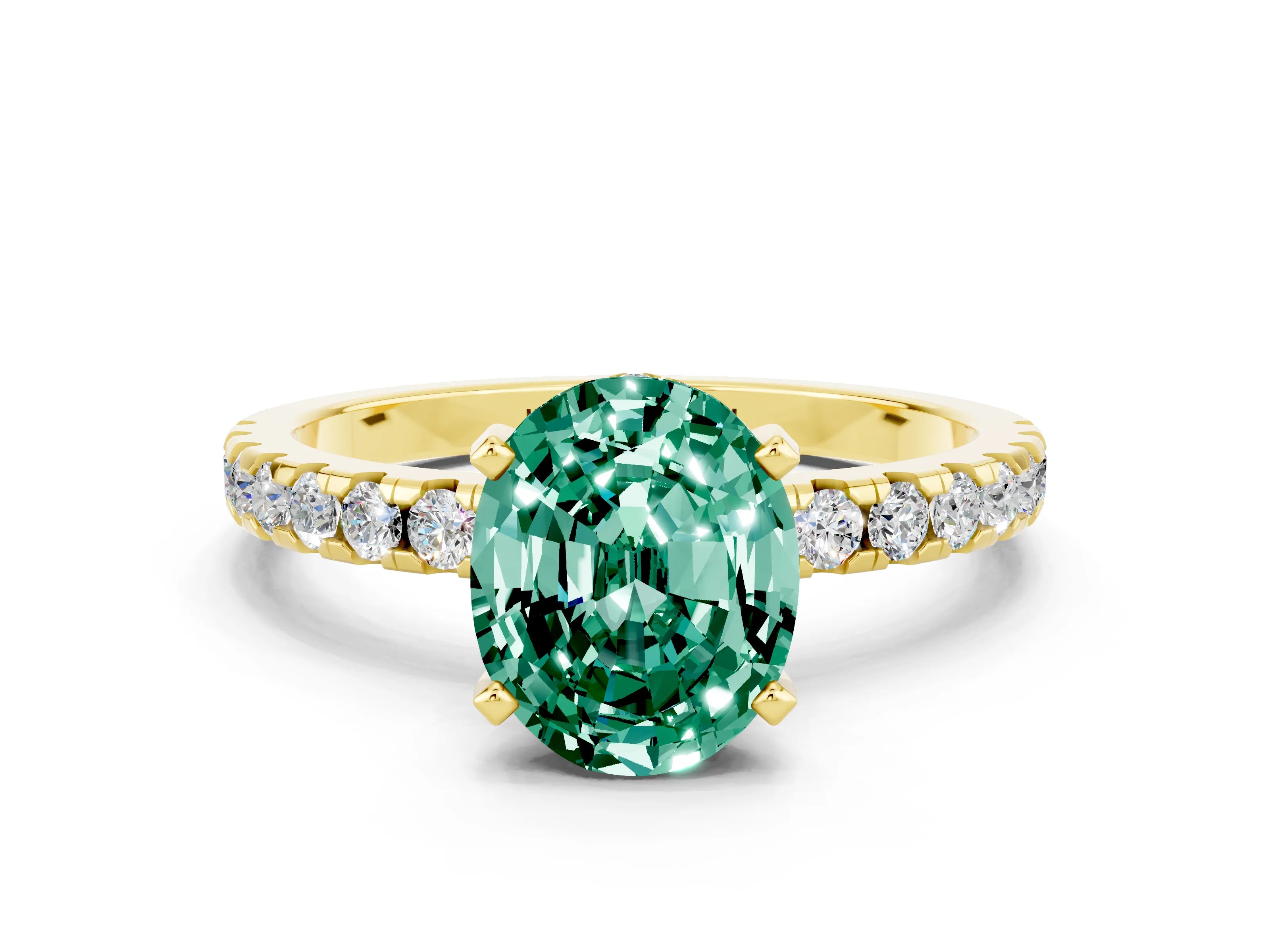 Yellow gold Oval Cut Green Sapphire Solitaire Ring with Pavé Band and Four-Prong Setting_24