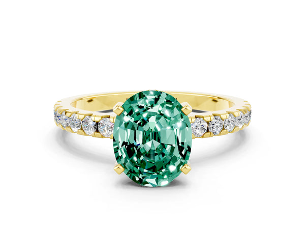 Yellow gold Oval Cut Green Sapphire Solitaire Ring with Round  Pavé Band and Four-Prong Setting