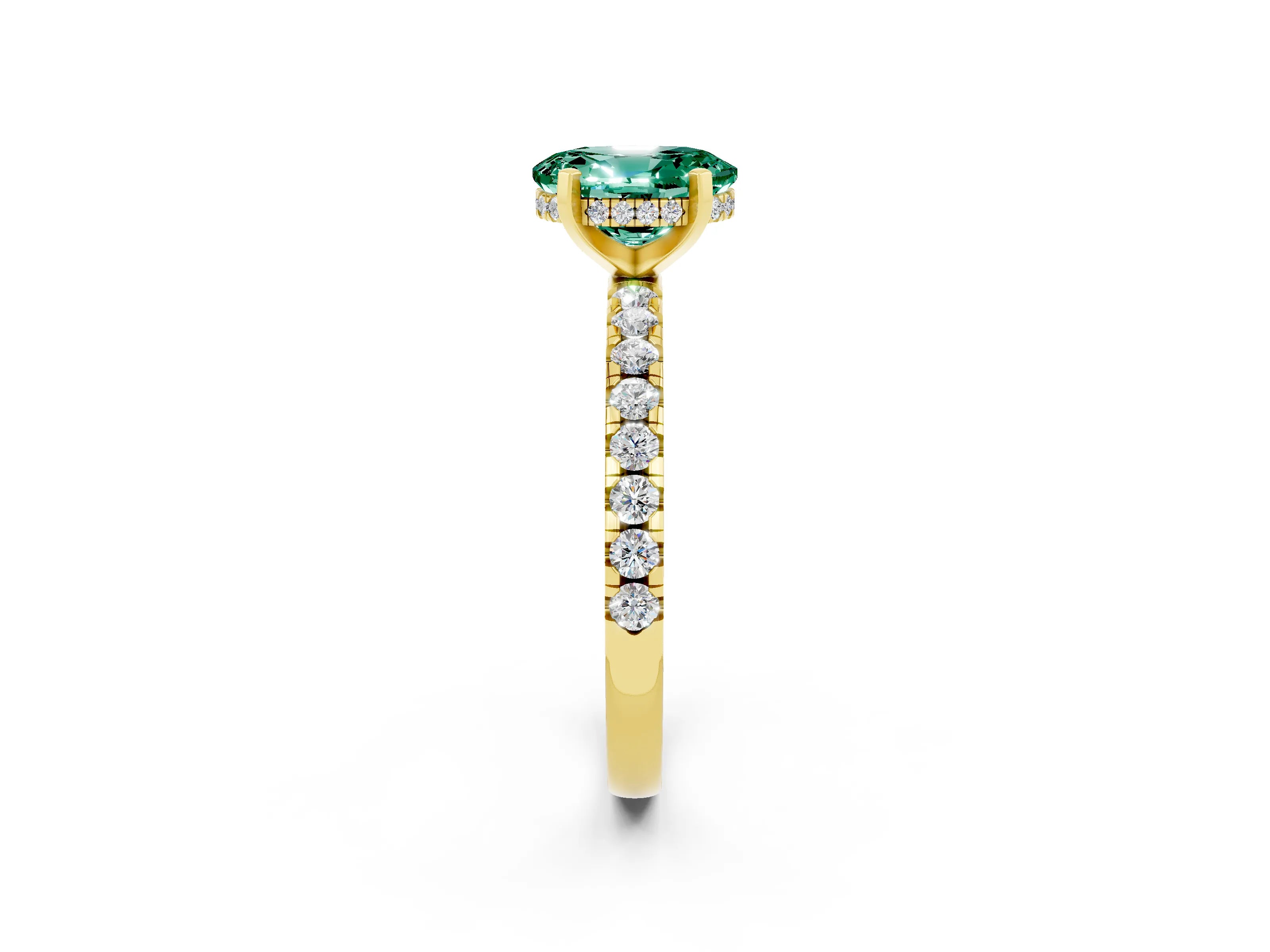 Yellow gold Oval Cut Green Sapphire Solitaire Ring with Pavé Band and Four-Prong Setting_26