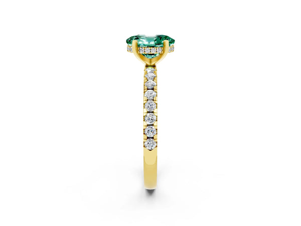 Yellow gold Oval Cut Green Sapphire Solitaire Ring with Round  Pavé Band and Four-Prong Setting