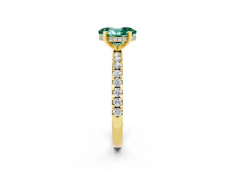 Yellow gold Oval Cut Green Sapphire Solitaire Ring with Pavé Band and Four-Prong Setting_26