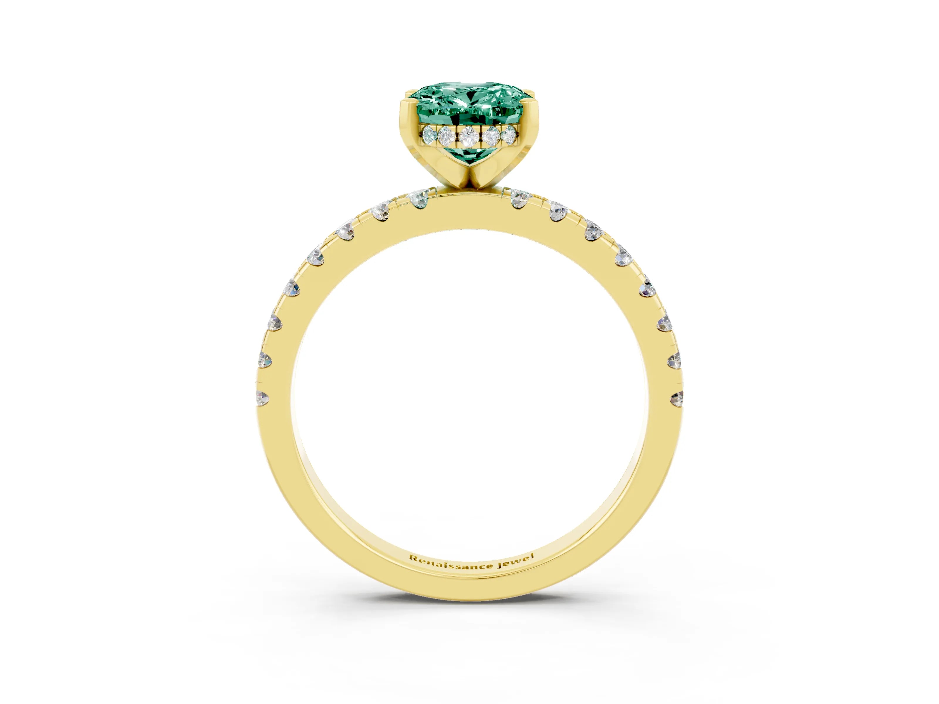 Yellow gold Oval Cut Green Sapphire Solitaire Ring with Pavé Band and Four-Prong Setting_27