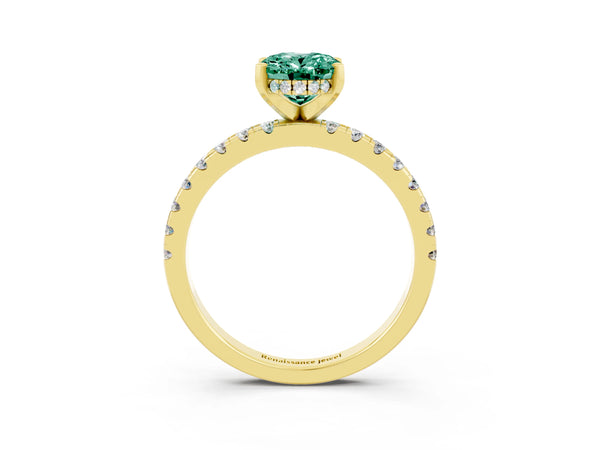 Yellow gold Oval Cut Green Sapphire Solitaire Ring with Round  Pavé Band and Four-Prong Setting