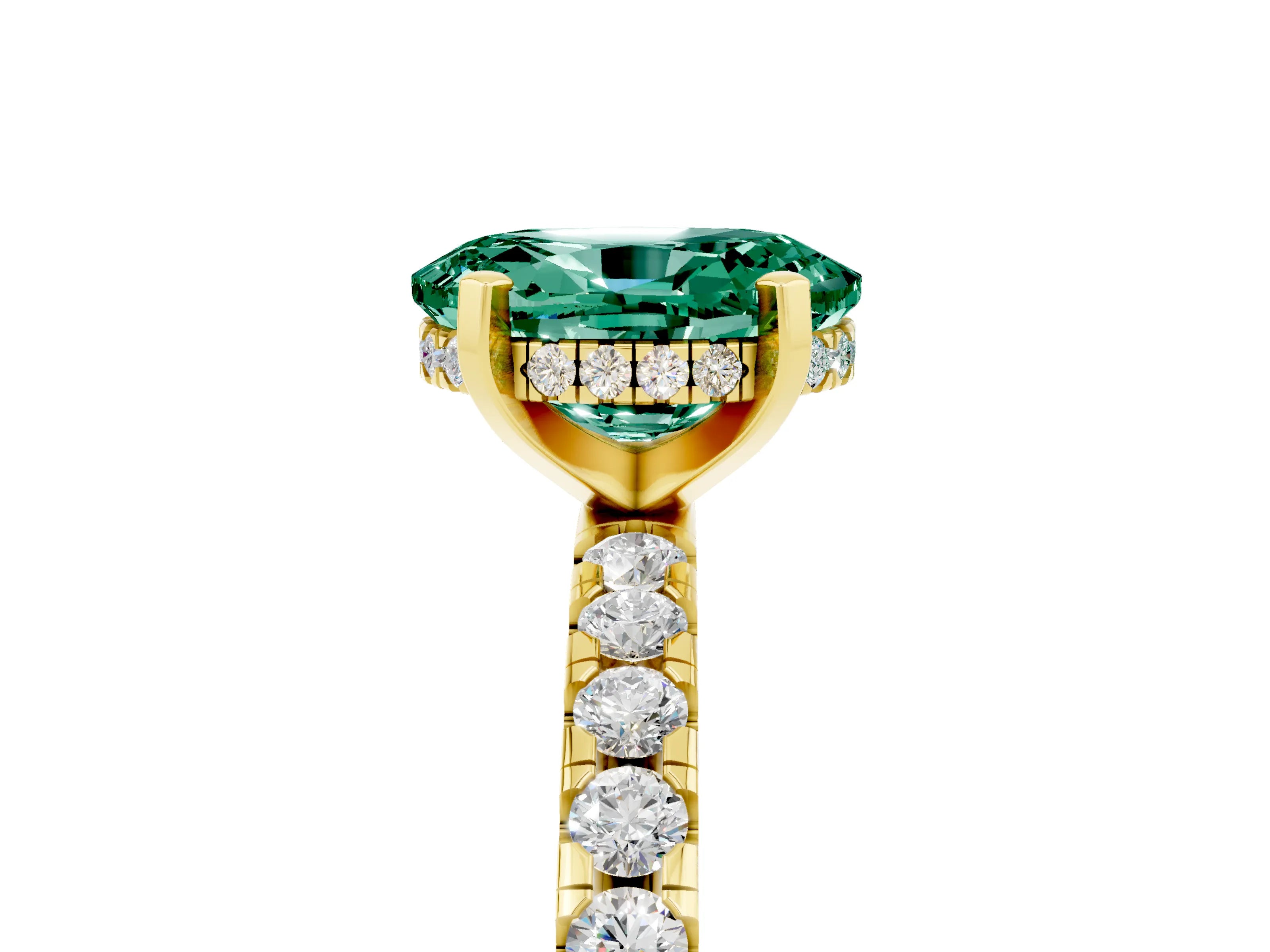 Yellow gold Oval Cut Green Sapphire Solitaire Ring with Pavé Band and Four-Prong Setting_29