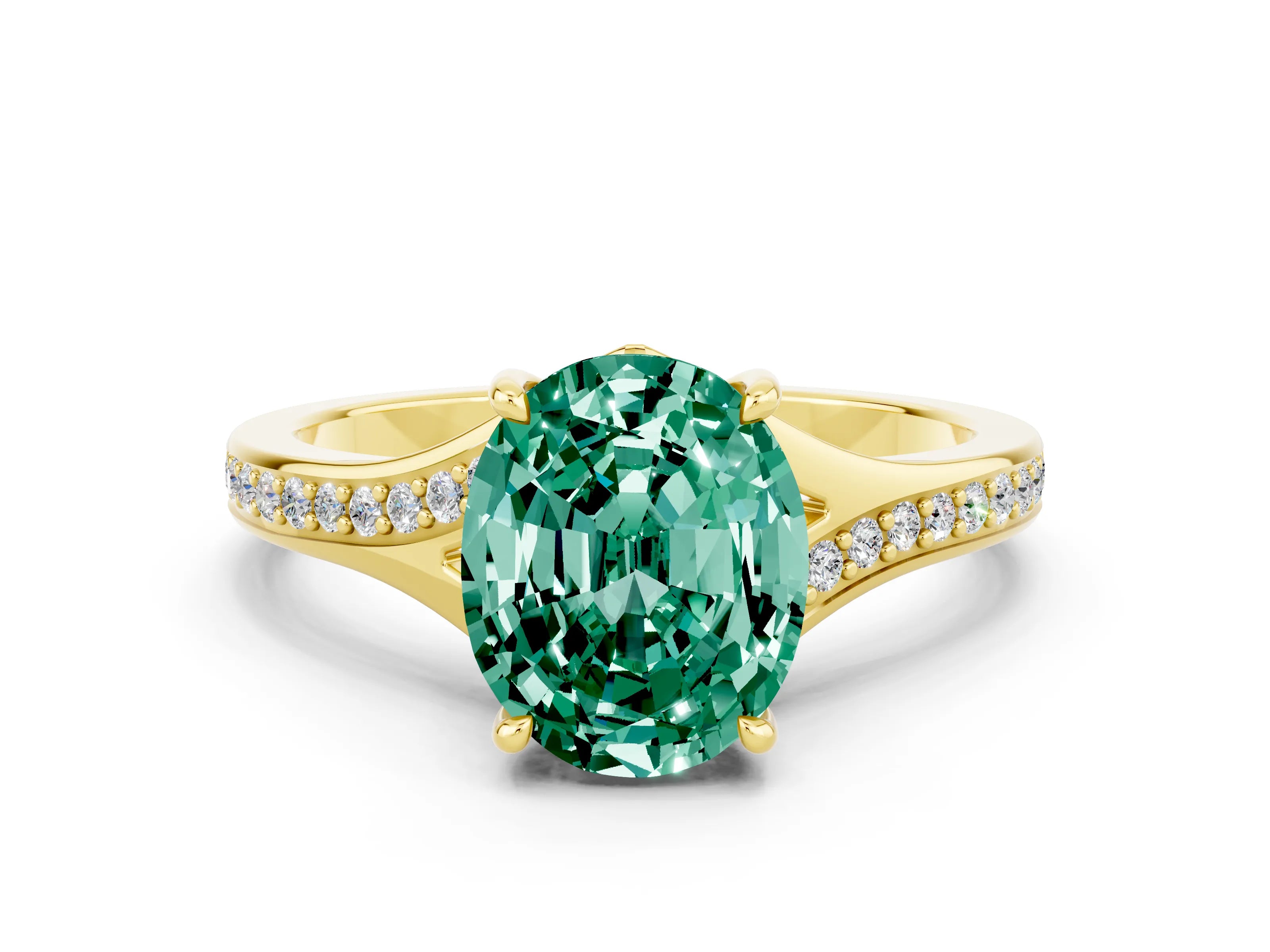 Yellow gold Oval Cut Green Sapphire Solitaire Ring with Pavé Band and Prong Setting