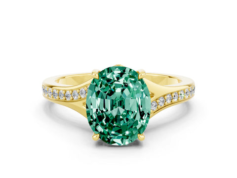 Yellow gold Oval Cut Green Sapphire Solitaire Ring with Pavé Band and Prong Setting_12