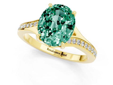 Yellow gold Oval Cut Green Sapphire Solitaire Ring with Pavé Band and Prong Setting_13