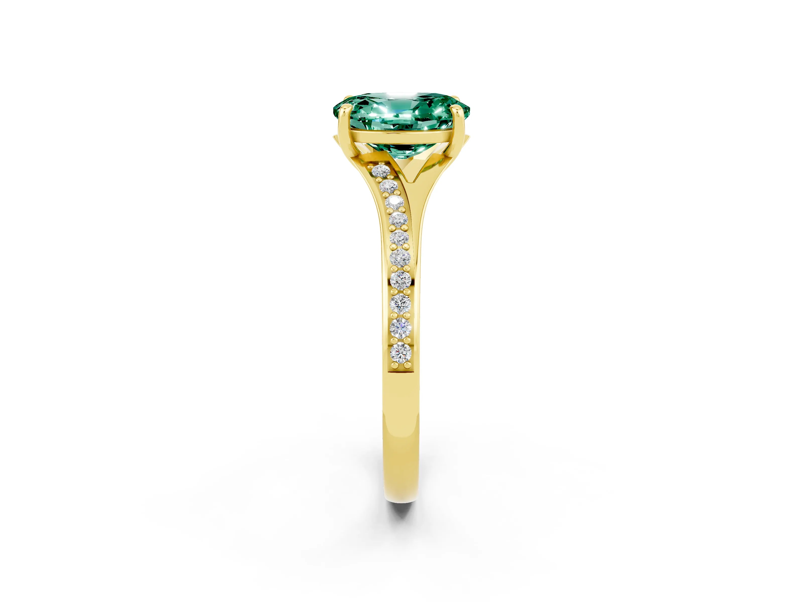 Yellow gold Oval Cut Green Sapphire Solitaire Ring with Pavé Band and Prong Setting_14