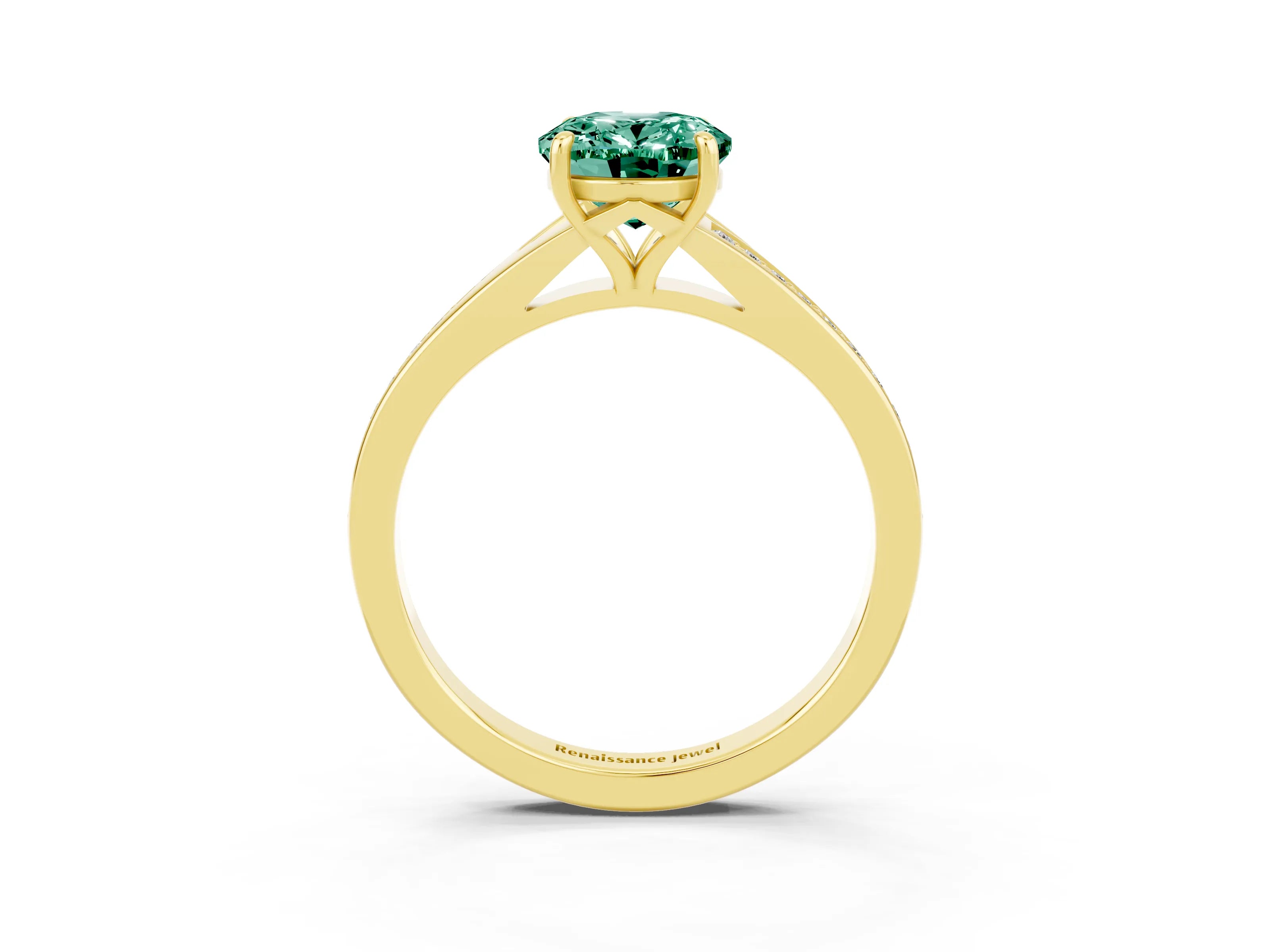 Yellow gold Oval Cut Green Sapphire Solitaire Ring with Pavé Band and Prong Setting_15