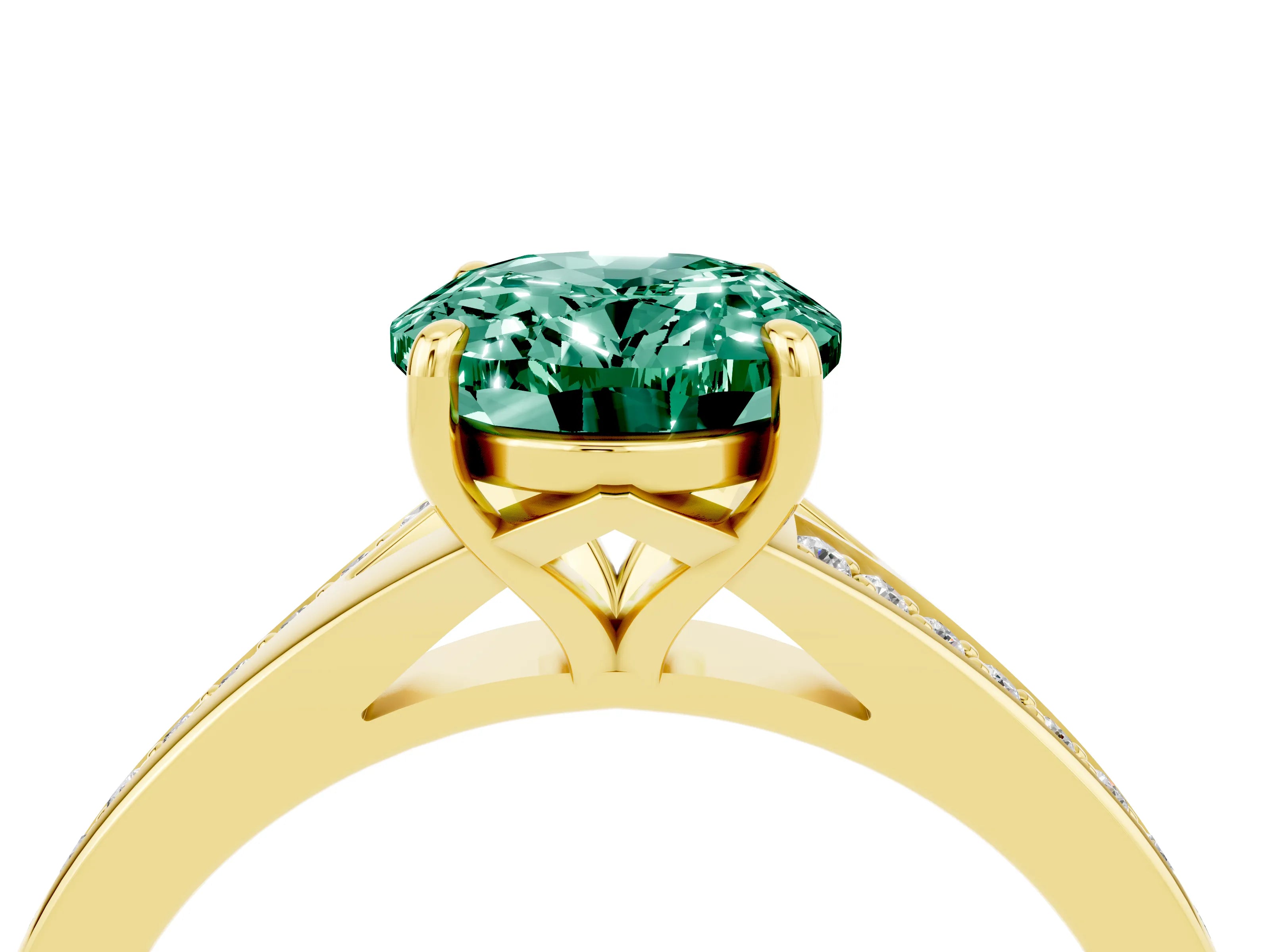 Yellow gold Oval Cut Green Sapphire Solitaire Ring with Pavé Band and Prong Setting_16