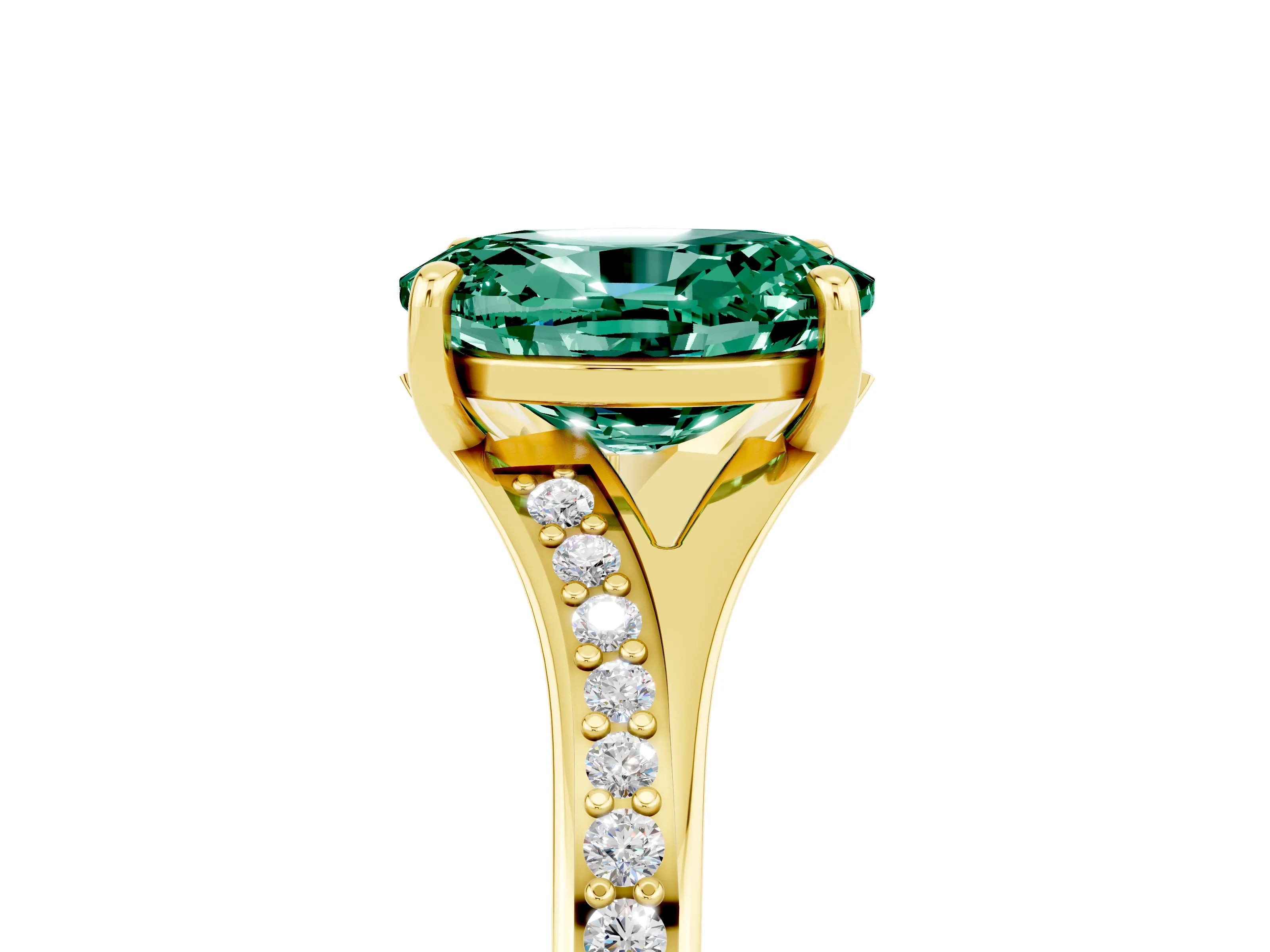 Yellow gold Oval Cut Green Sapphire Solitaire Ring with Pavé Band and Prong Setting_17
