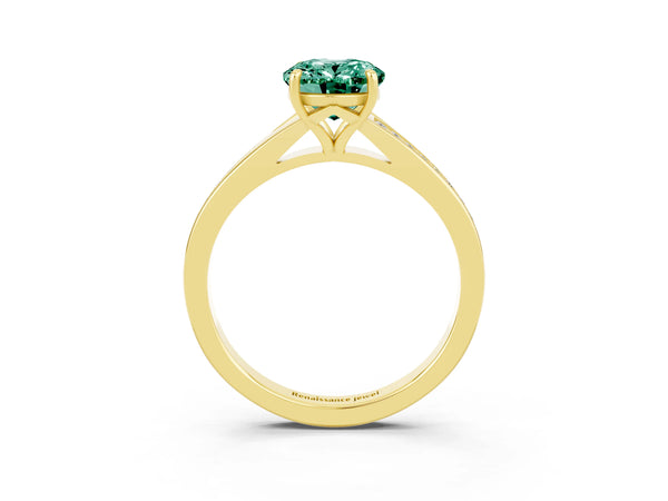 Yellow gold Oval Cut Green Sapphire Solitaire Ring with Pavé Band and Prong Setting