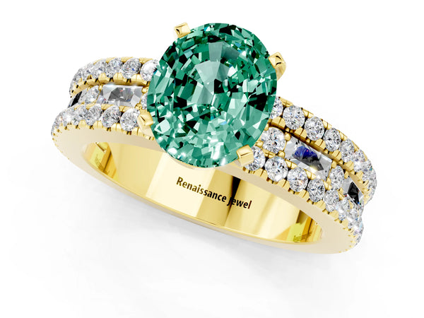 Yellow gold Oval Cut Green Sapphire Solitaire Ring with Pavé and Channel Set Band