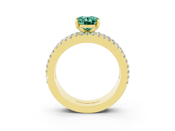 Yellow gold Oval Cut Green Sapphire Solitaire Ring with Pavé and Channel Set Band