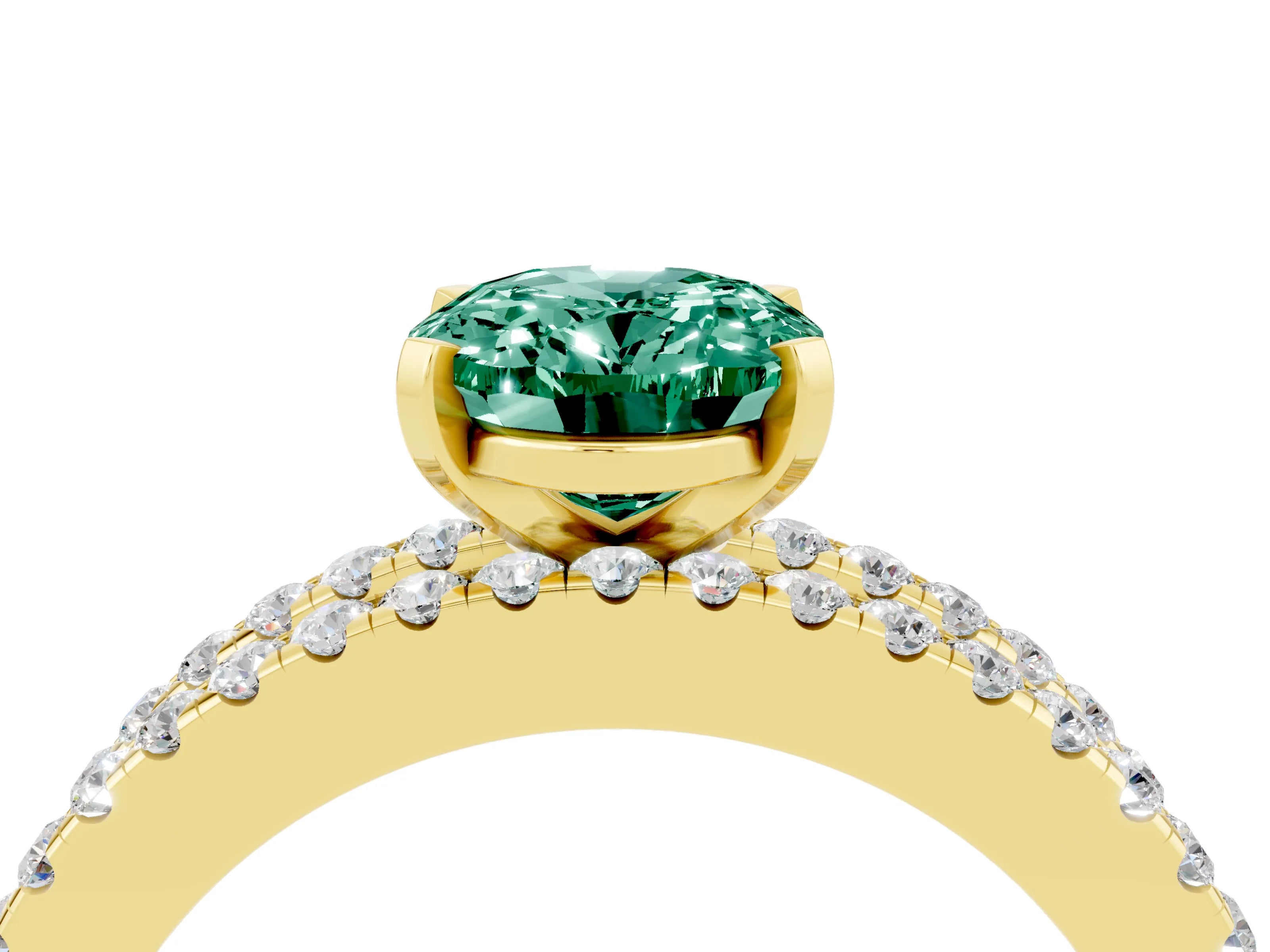 Yellow gold Oval Cut Green Sapphire Solitaire Ring with Pavé and Channel Set Band_4