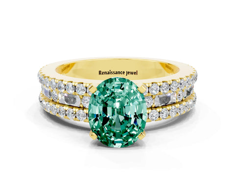 Yellow gold Oval Cut Green Sapphire Solitaire Ring with Pavé and Channel Set Band