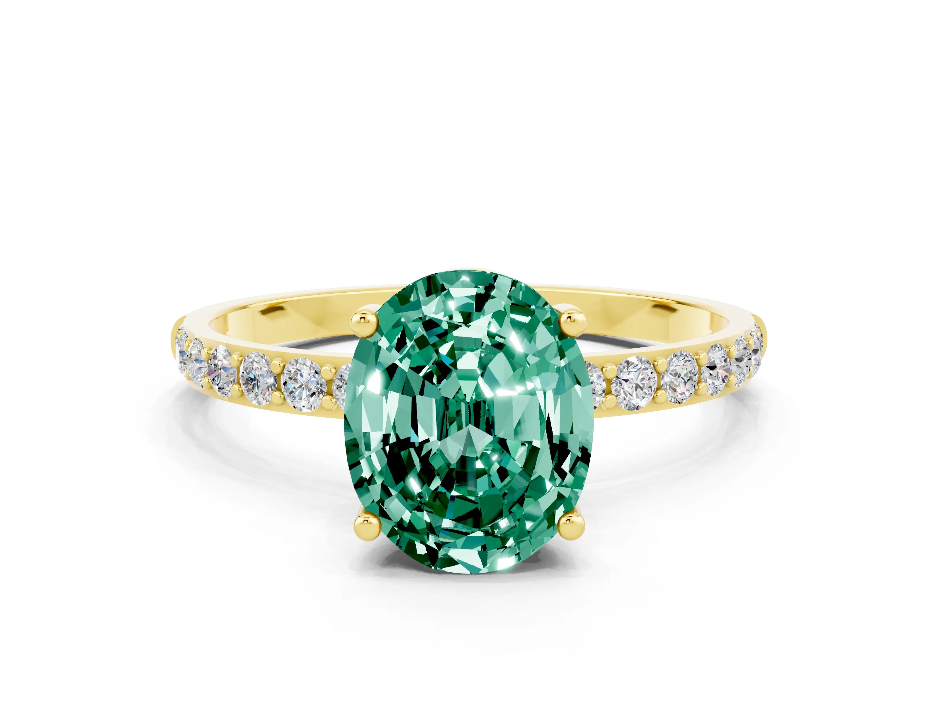 Yellow gold Oval Cut Green Sapphire Solitaire Ring with Pave Band and Four Prong Setting_24