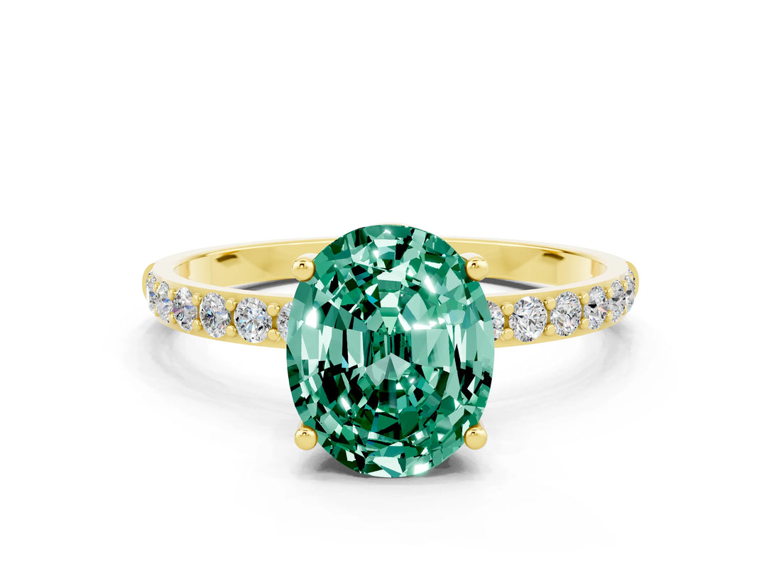 Yellow gold Oval Cut Green Sapphire Solitaire Ring with Pave Band and Four Prong Setting_24