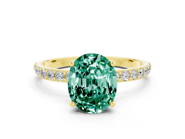 Yellow gold Oval Cut Green Sapphire Solitaire Ring with Round  Pavé Band and Prong Setting