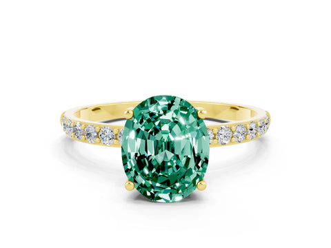 Yellow gold Oval Cut Green Sapphire Solitaire Ring with Pave Band and Four Prong Setting_24