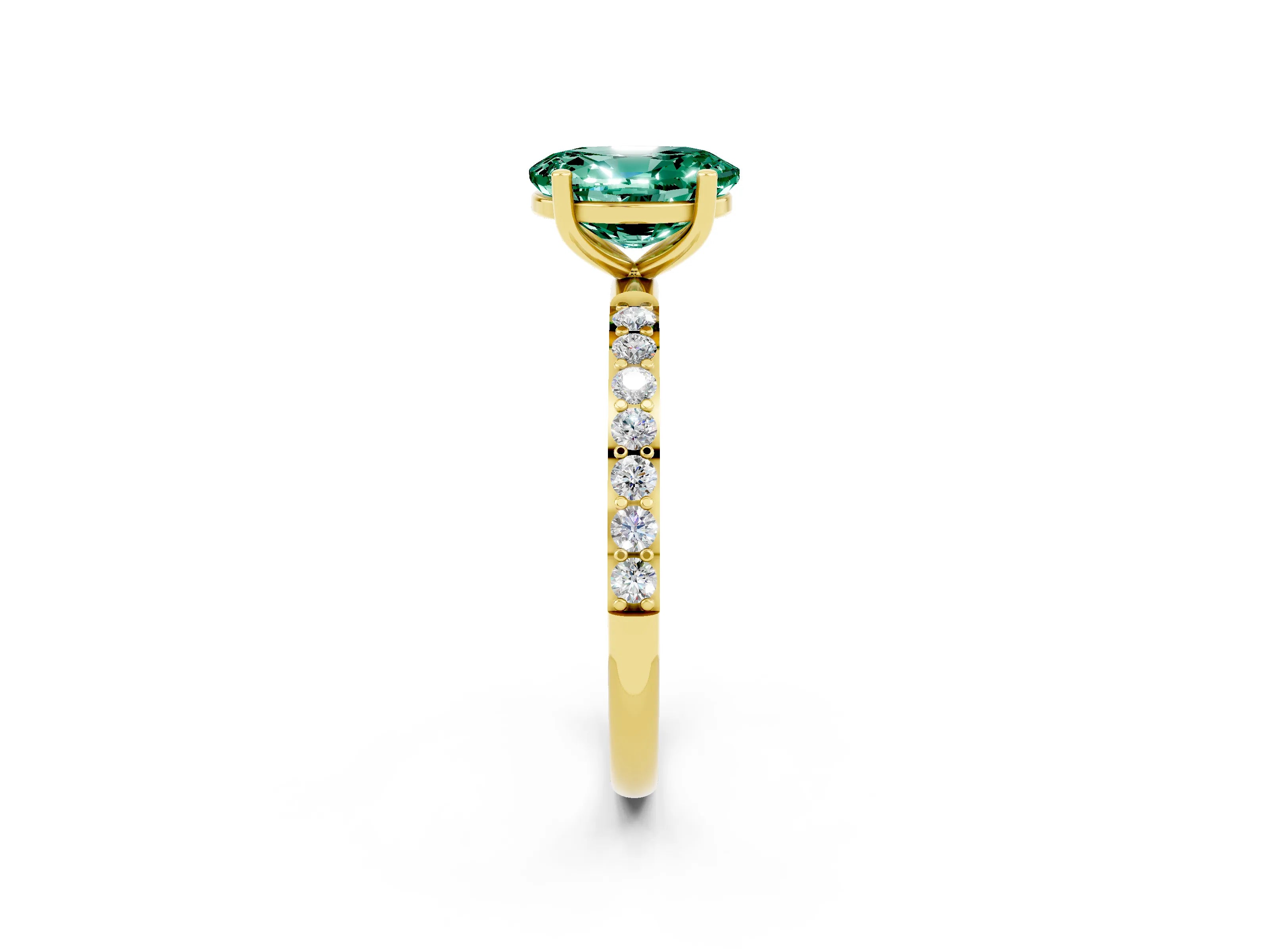 Yellow gold Oval Cut Green Sapphire Solitaire Ring with Pave Band and Four Prong Setting_26