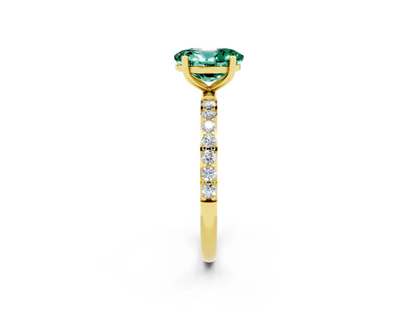 Yellow gold Oval Cut Green Sapphire Solitaire Ring with Round  Pavé Band and Prong Setting