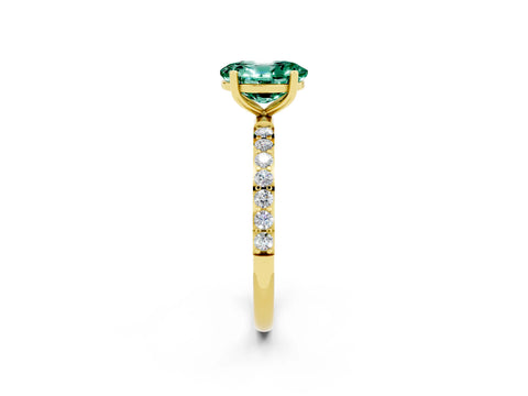 Yellow gold Oval Cut Green Sapphire Solitaire Ring with Pave Band and Four Prong Setting_26