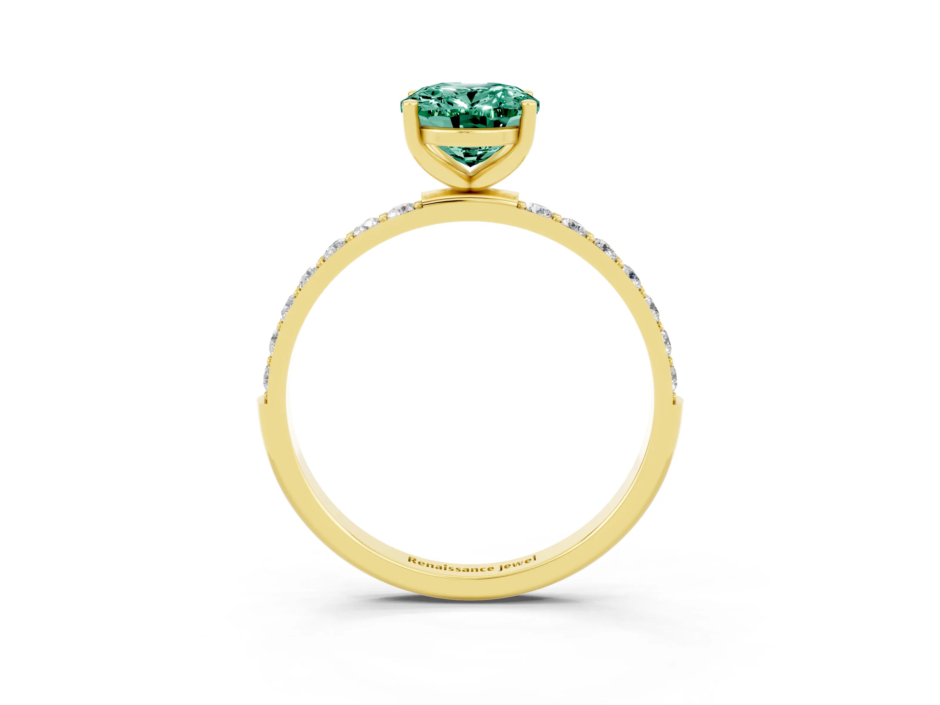 Yellow gold Oval Cut Green Sapphire Solitaire Ring with Pave Band and Four Prong Setting_27