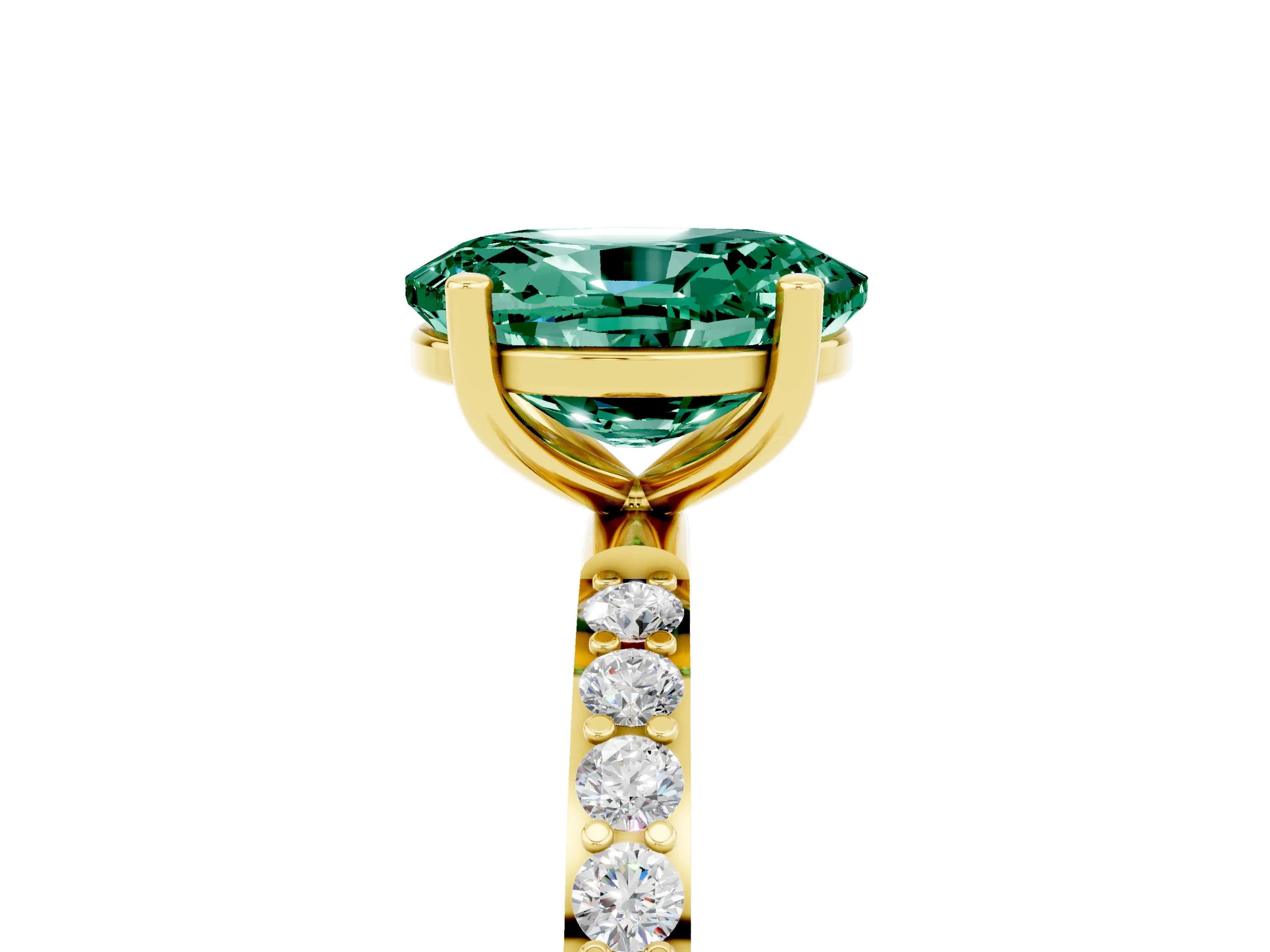 Yellow gold Oval Cut Green Sapphire Solitaire Ring with Pave Band and Four Prong Setting_29