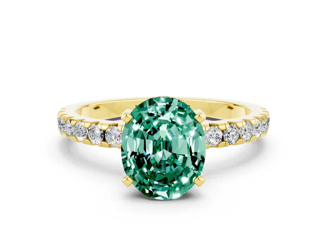 Yellow gold Oval Cut Green Sapphire Solitaire Ring with Round  Pavé Band and Four-Prong Setting_36