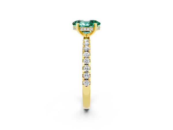 Yellow gold Oval Cut Green Sapphire Solitaire Ring with Round Pavé Band and Four-Prong Setting