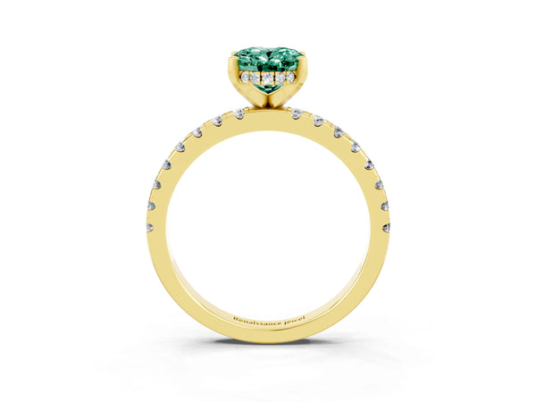 Yellow gold Oval Cut Green Sapphire Solitaire Ring with Round Pavé Band and Four-Prong Setting