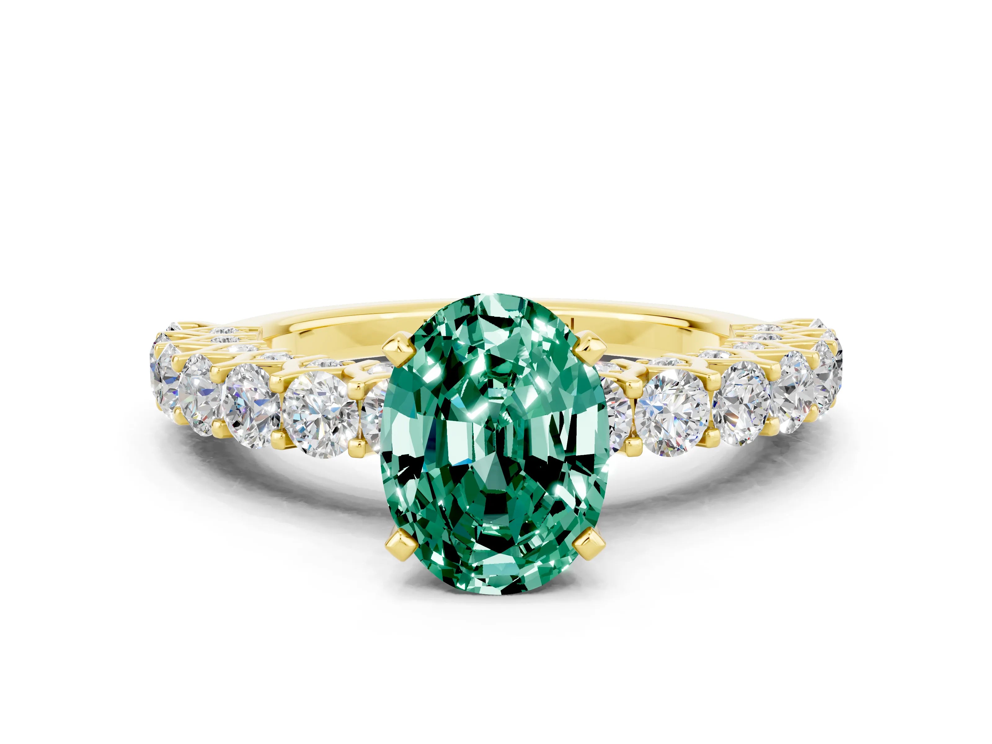 Yellow gold Oval Cut Green Sapphire Solitaire Ring with Shared Prong Pavé Band and Four-Prong Setting