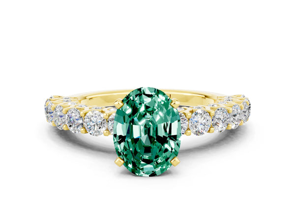Yellow gold Oval Cut Green Sapphire Solitaire Ring with Shared Prong Pavé Band and Four-Prong Setting