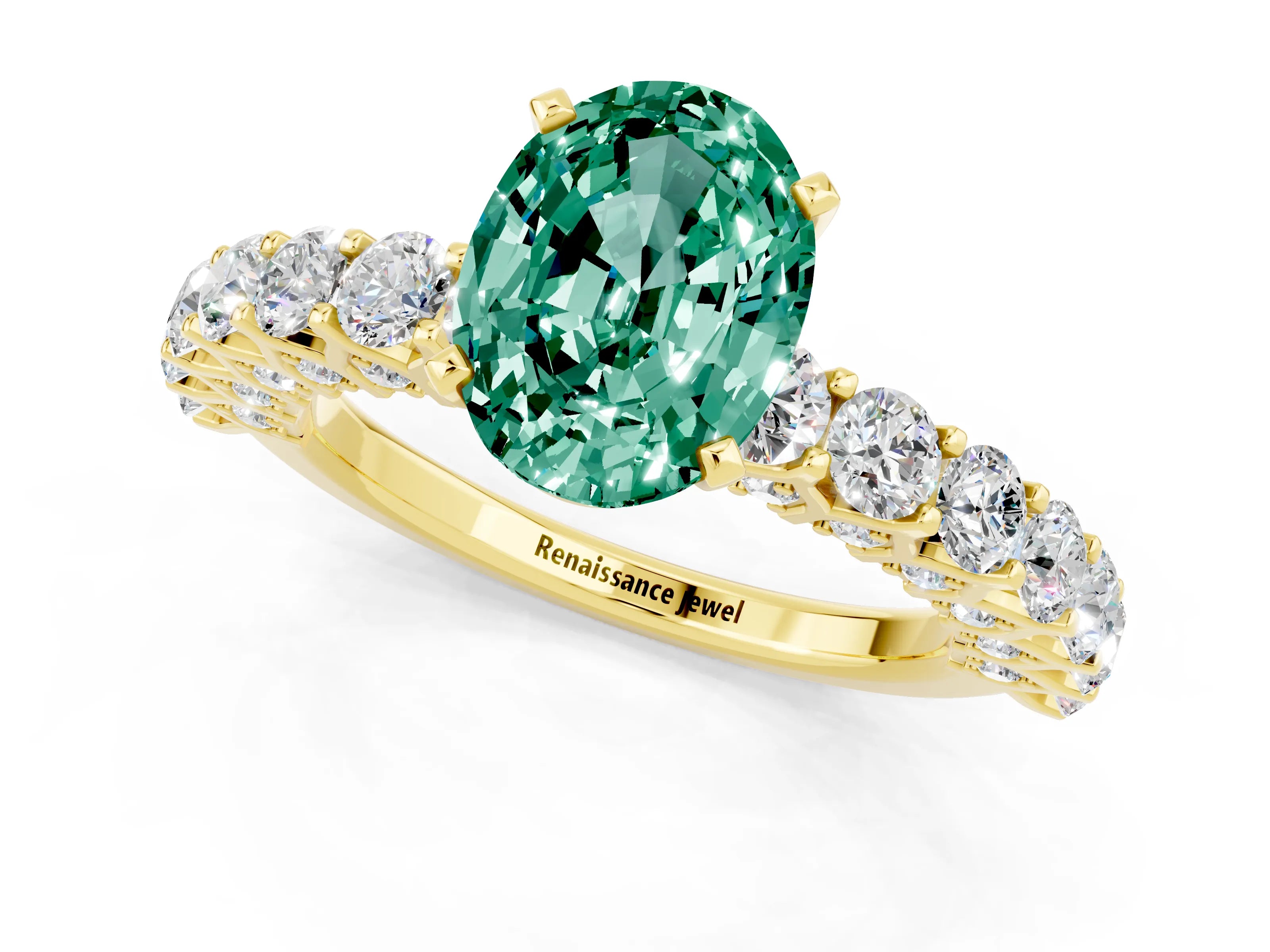 Yellow gold Oval Cut Green Sapphire Solitaire Ring with Shared Prong Pavé Band and Four-Prong Setting_1