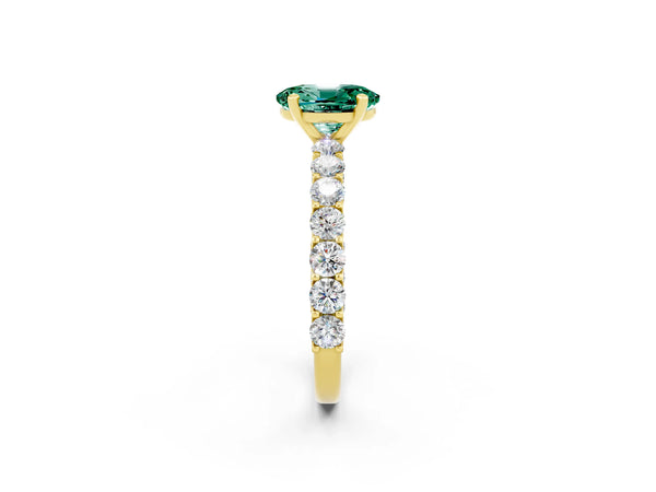 Yellow gold Oval Cut Green Sapphire Solitaire Ring with Shared Prong Pavé Band and Four-Prong Setting
