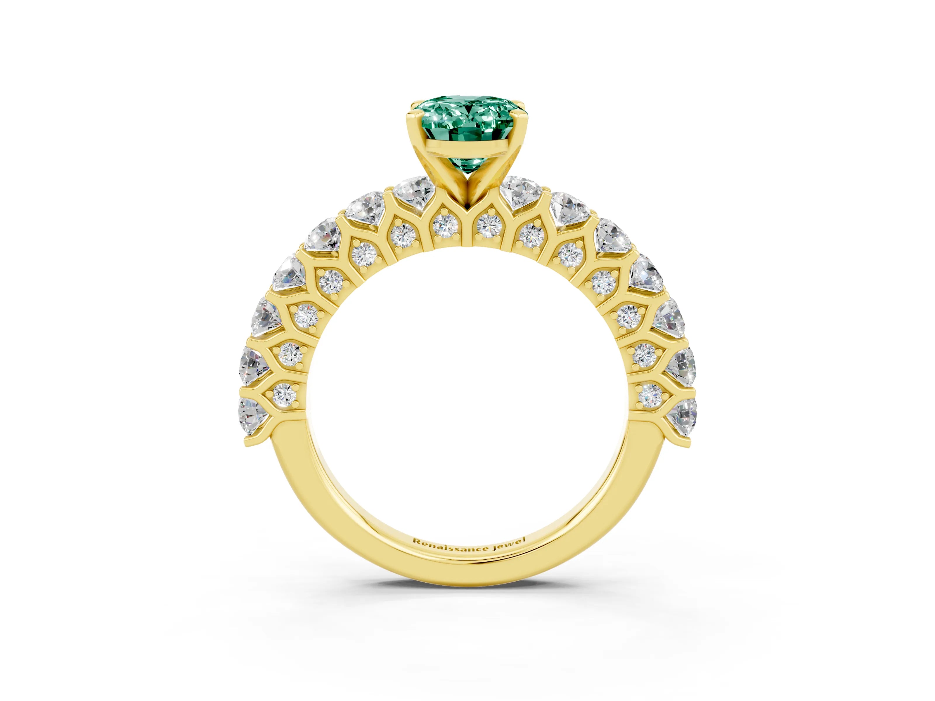 Yellow gold Oval Cut Green Sapphire Solitaire Ring with Shared Prong Pavé Band and Four-Prong Setting_3