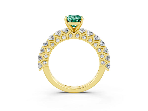 Yellow gold Oval Cut Green Sapphire Solitaire Ring with Shared Prong Pavé Band and Four-Prong Setting