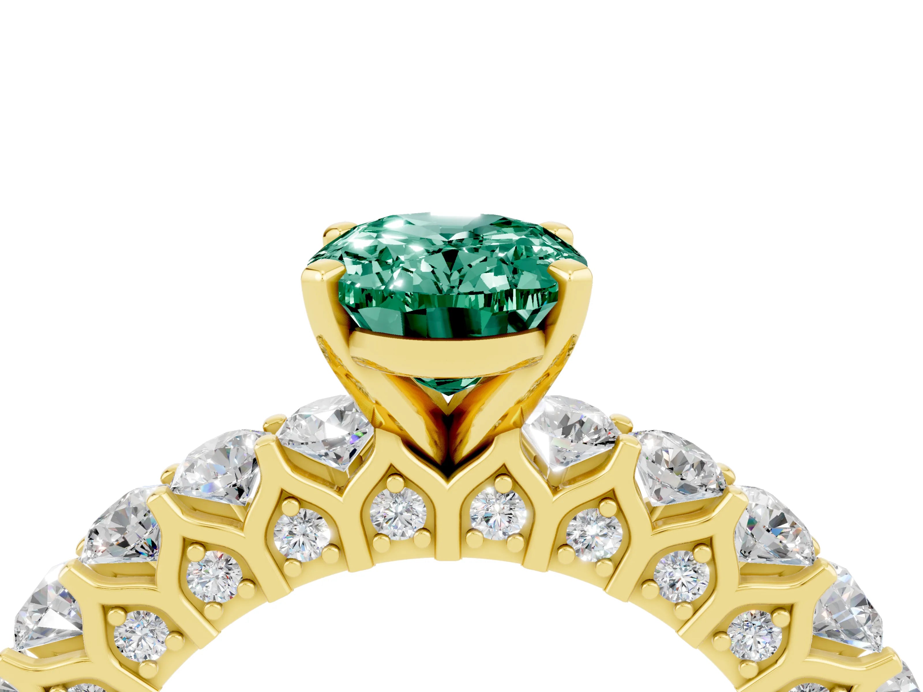Yellow gold Oval Cut Green Sapphire Solitaire Ring with Shared Prong Pavé Band and Four-Prong Setting_4
