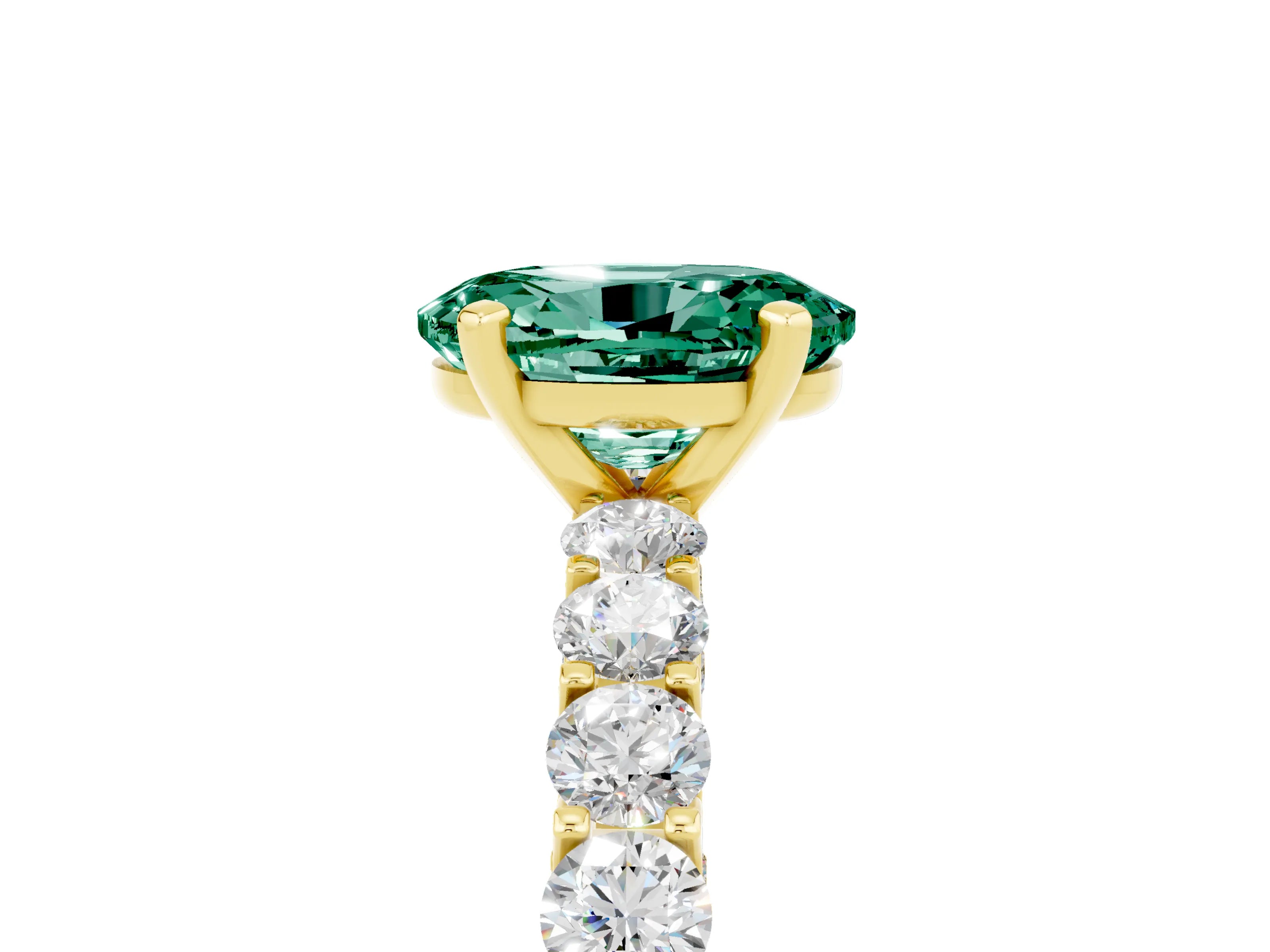 Yellow gold Oval Cut Green Sapphire Solitaire Ring with Shared Prong Pavé Band and Four-Prong Setting_5