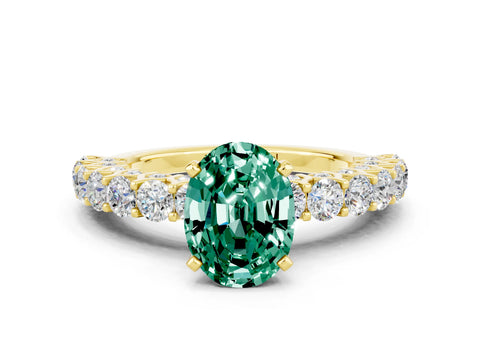 Yellow gold Oval Cut Green Sapphire Solitaire Ring with Shared Prong Pavé Band and Four-Prong Setting