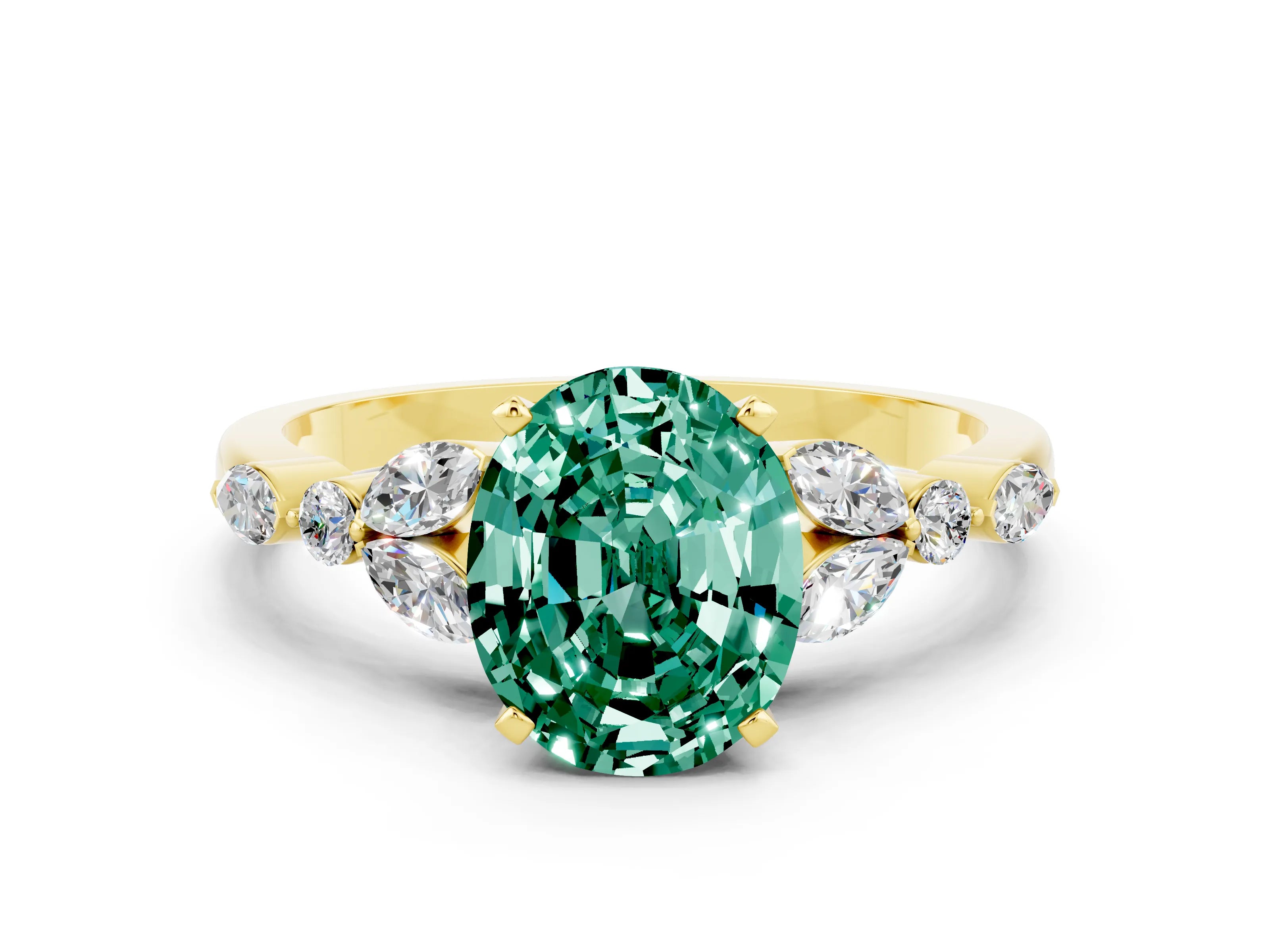 Yellow gold Oval Cut Green Sapphire Solitaire Ring with Side Stones and Four-Prong Setting_12