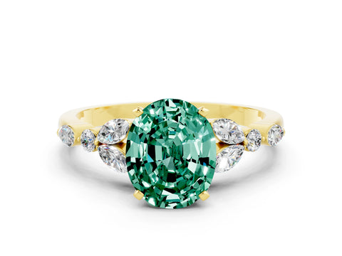 Yellow gold Oval Cut Green Sapphire Solitaire Ring with Side Stones and Four-Prong Setting_12