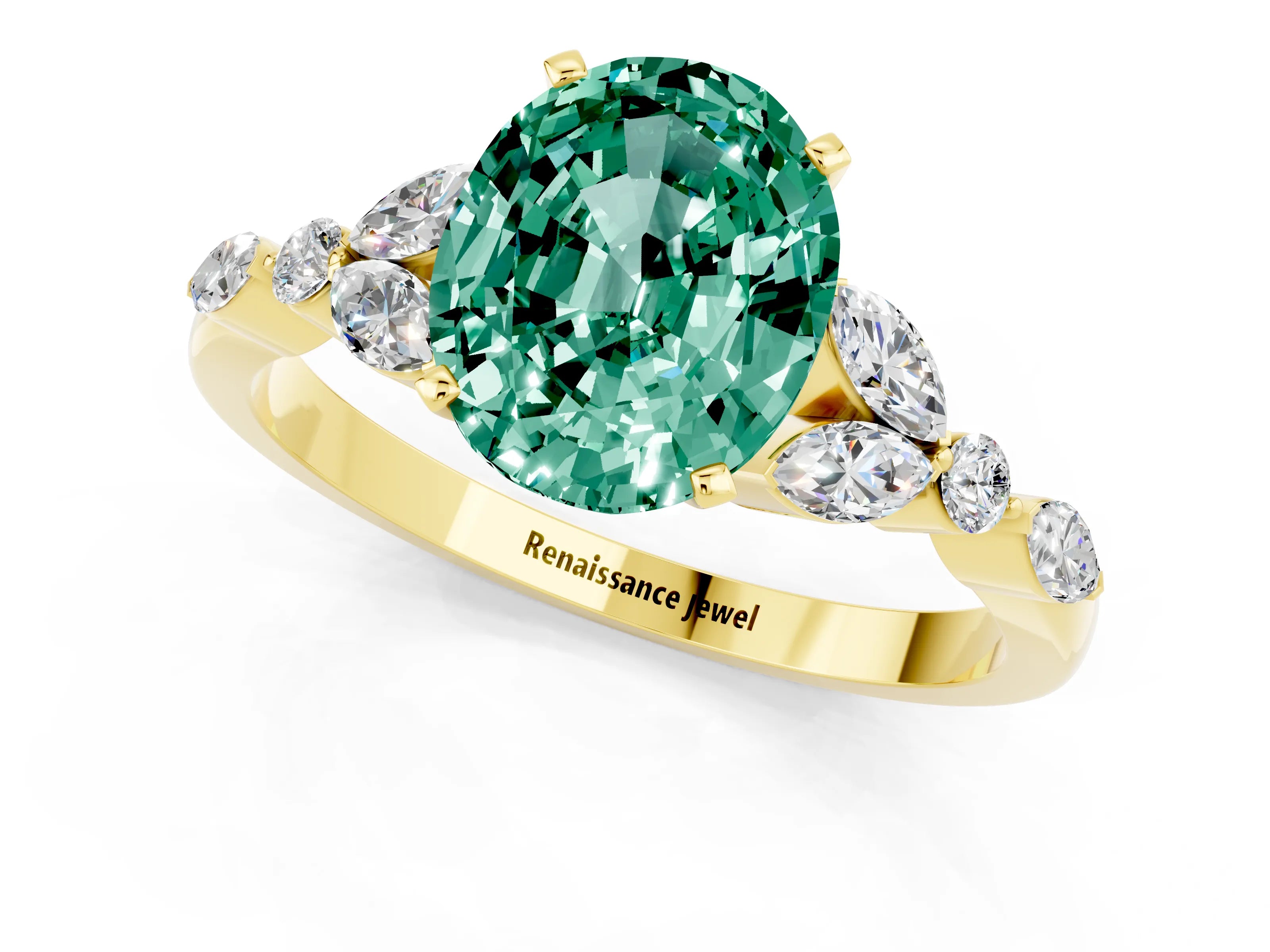 Yellow gold Oval Cut Green Sapphire Solitaire Ring with Side Stones and Four-Prong Setting_13