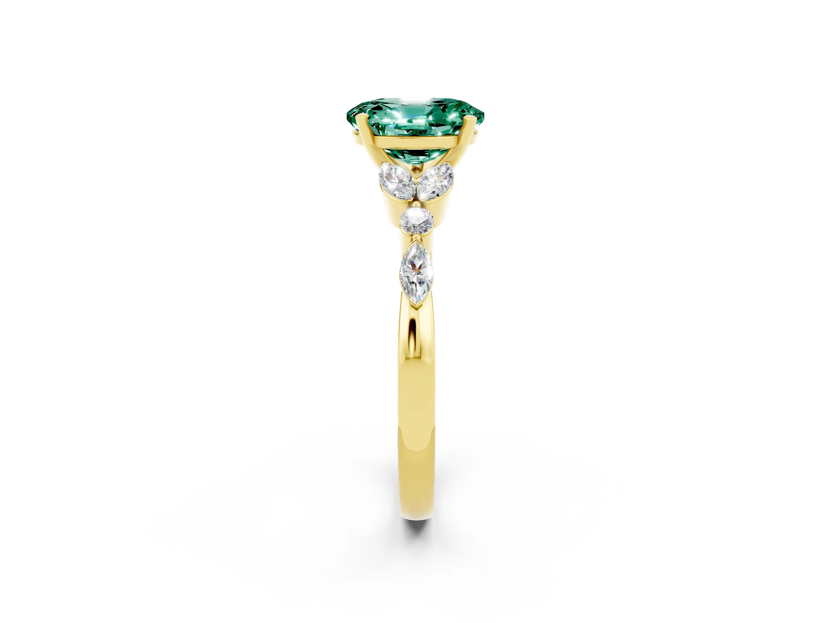 Yellow gold Oval Cut Green Sapphire Solitaire Ring with Side Stones and Four-Prong Setting_14